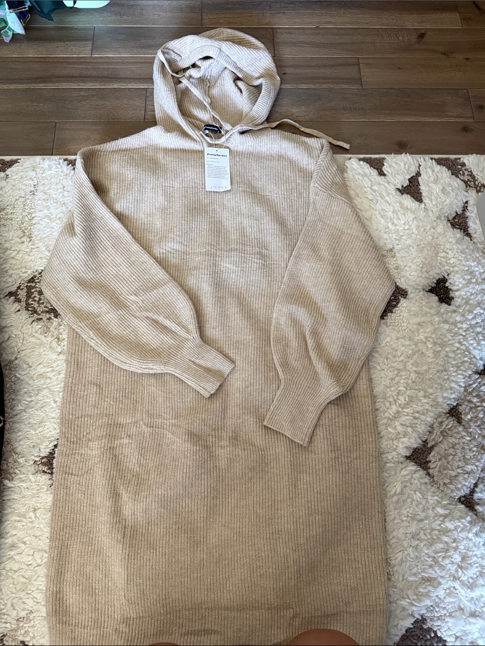 Hooded Rib-Knit Sweater Dress in Beige